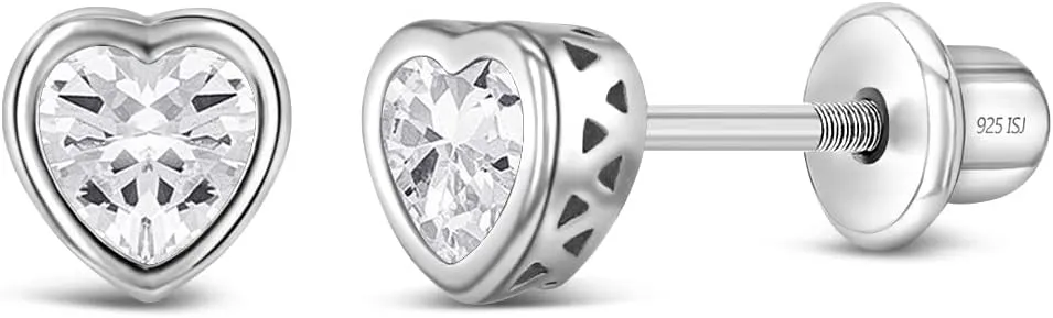 925 Sterling Silver 5mm Girls CZ Heart Earrings Simulated Birthstone Bezel with Screw Back Stud Baby Earrings - Safety Screw Back for Toddlers - Quality Heart Cubic Zirconia Earrings for Kids