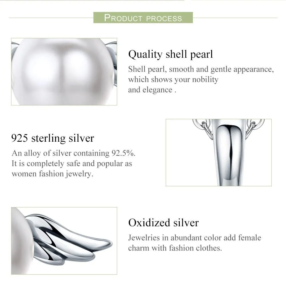 925 Sterling Silver Angel Wing Pendant With Shell Bead Charm For Diy Bracelets Style - Pendent   Necklace