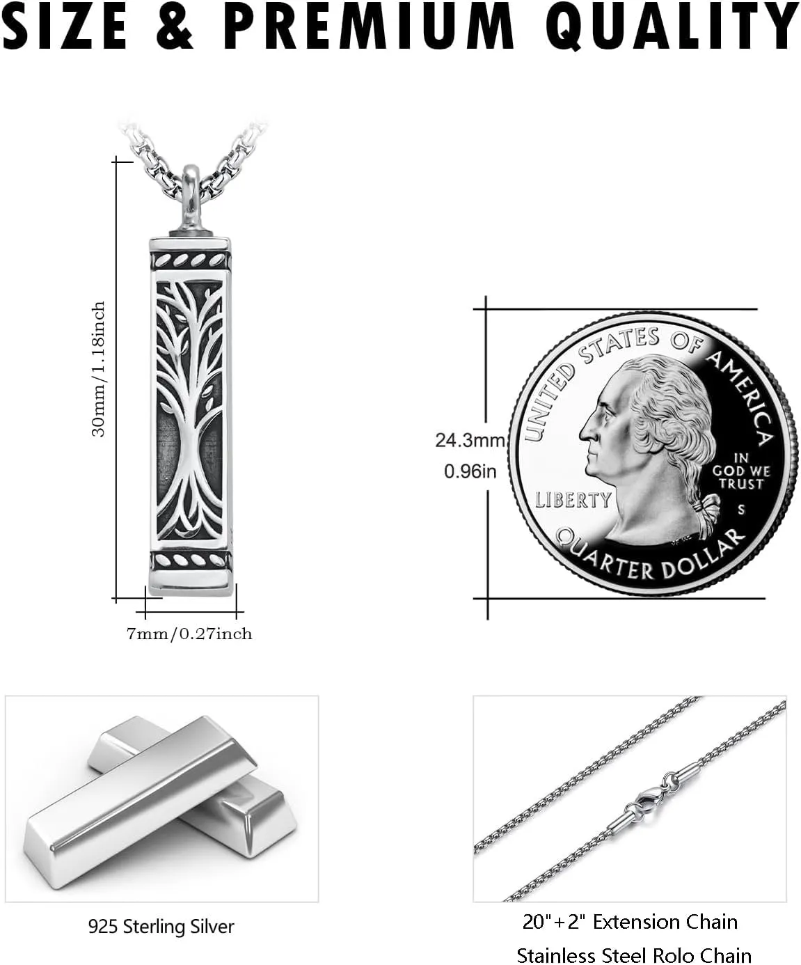 925 Sterling Silver Cremation Jewelry Urn Pendant Necklace for Ashes with Stainless Steel Chain