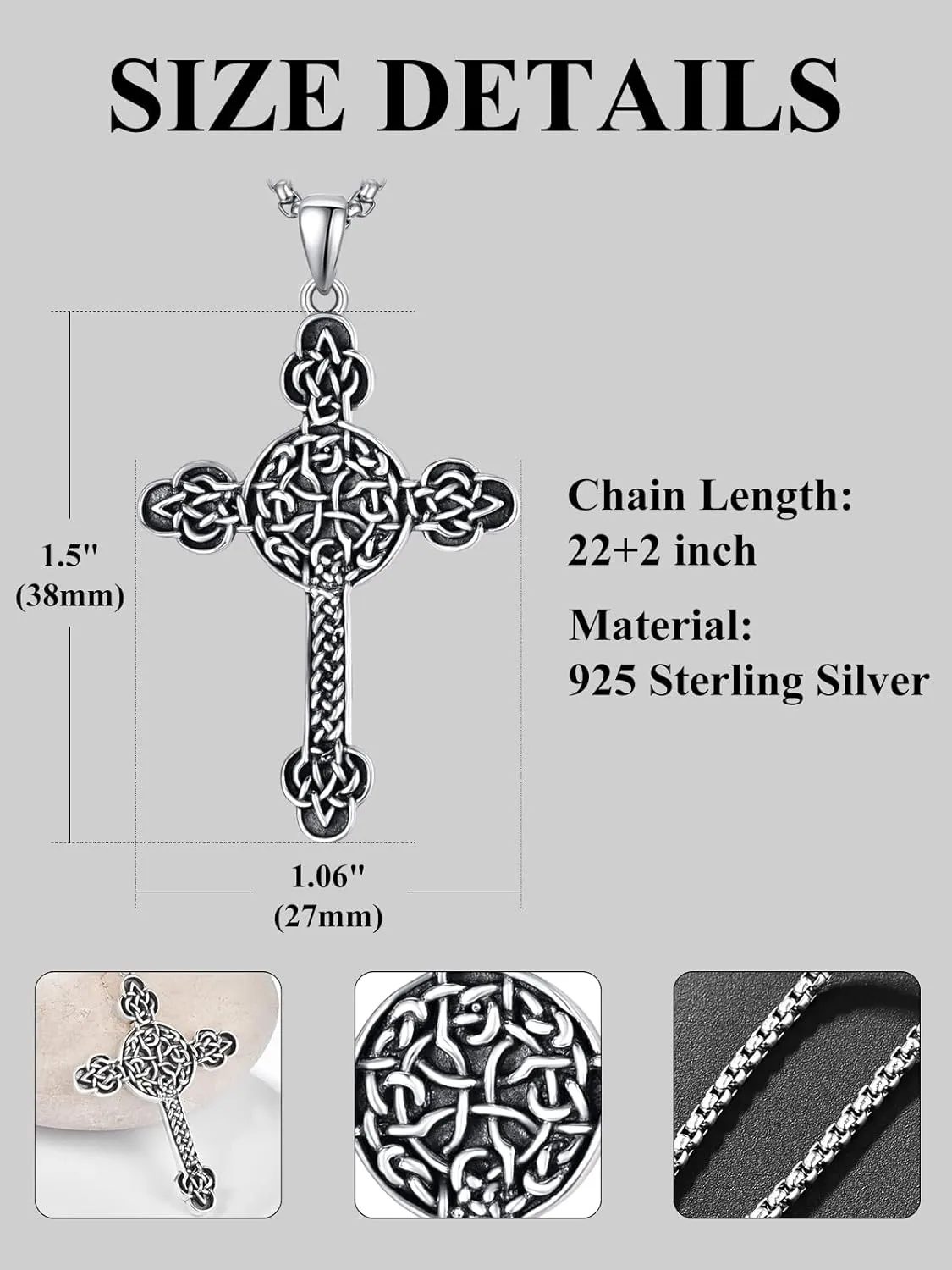 925 Sterling Silver Cross Crucifix Jesus Christ INRI Pendant Necklace for Men Women Medal Christian Religious Necklaces for Mens
