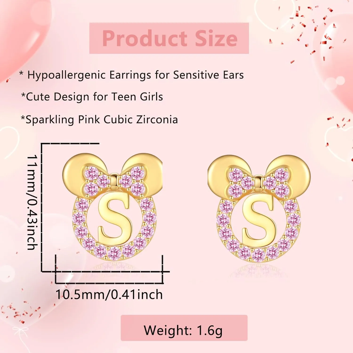 925 Sterling Silver Earrings for Girl Women: Hypoallergenic Initial Earrings with Pink Cubic Zirconia White Gold/Gold Cute Earrings Studs for Sensitive Ears Chirstmas Birthday Gifts