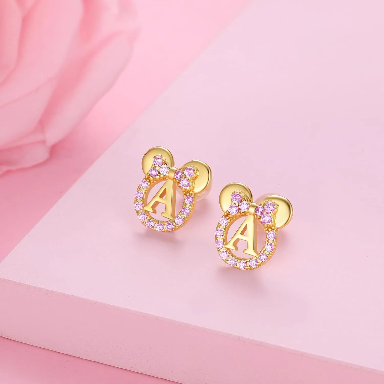 925 Sterling Silver Earrings for Girl Women: Hypoallergenic Initial Earrings with Pink Cubic Zirconia White Gold/Gold Cute Earrings Studs for Sensitive Ears Chirstmas Birthday Gifts