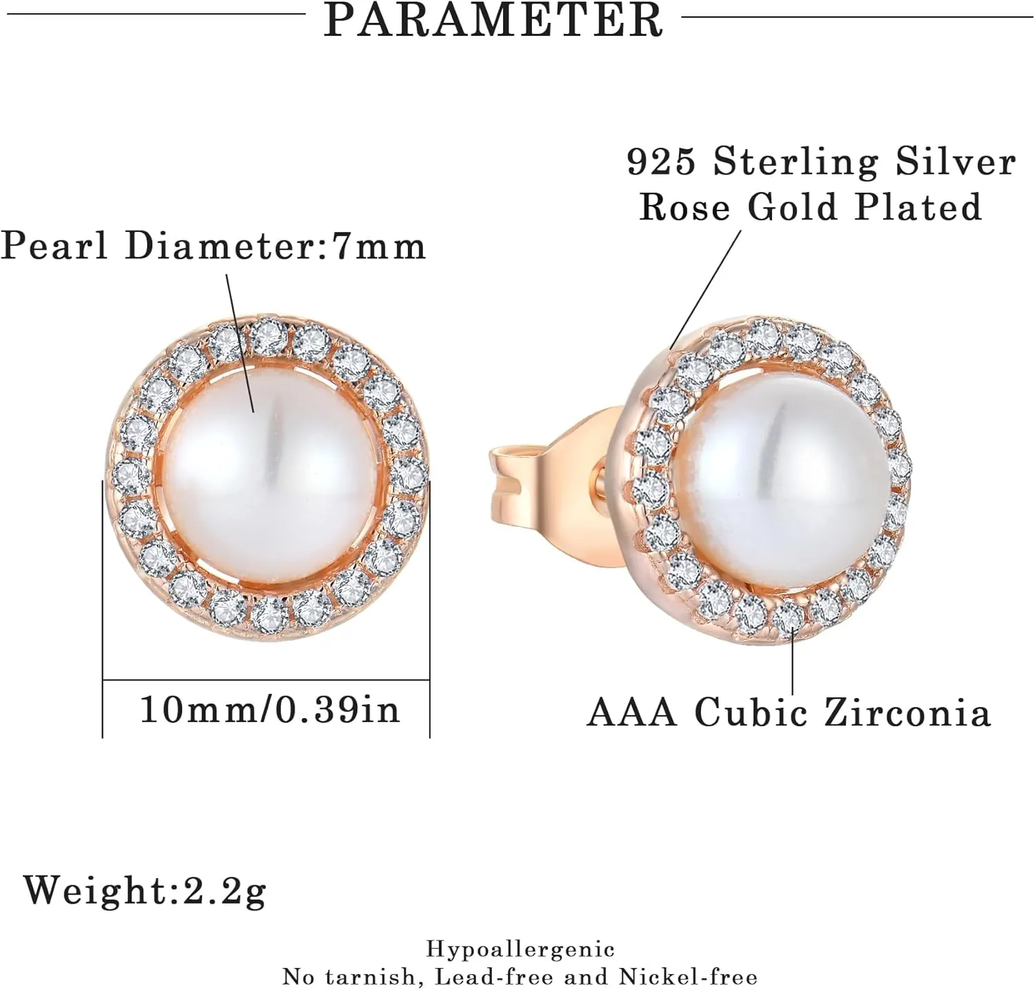 925 Sterling Silver Earrings Freshwater Cultured Pearl Stud Earrings with Cubic Zirconia White/Rose/Yellow Gold-Plated Round/Teardrop Earring for Women Jewelry