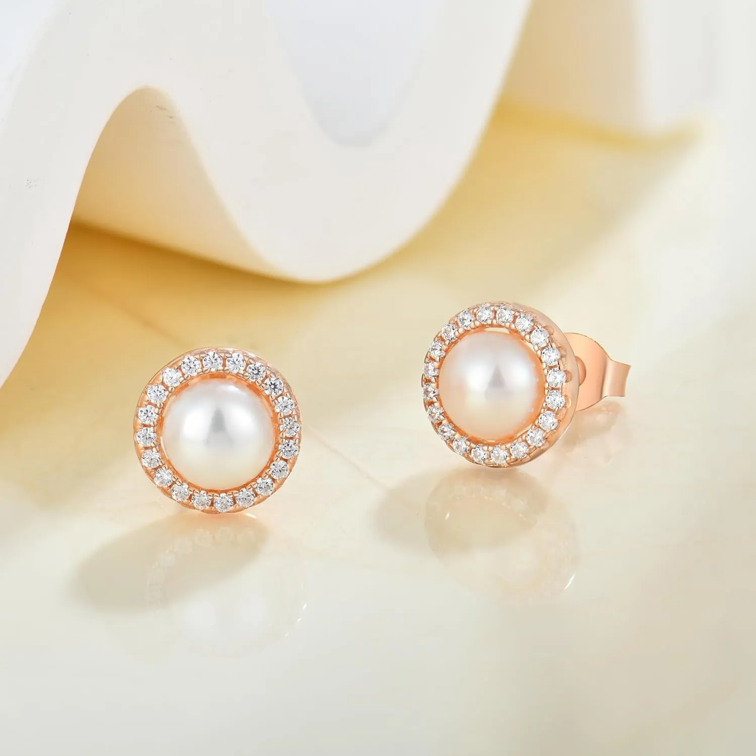 925 Sterling Silver Earrings Freshwater Cultured Pearl Stud Earrings with Cubic Zirconia White/Rose/Yellow Gold-Plated Round/Teardrop Earring for Women Jewelry
