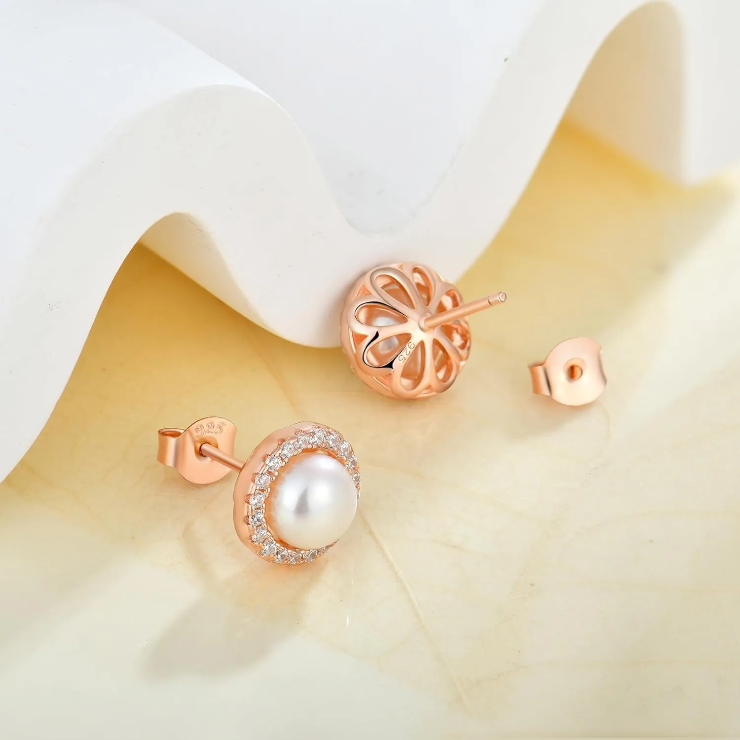 925 Sterling Silver Earrings Freshwater Cultured Pearl Stud Earrings with Cubic Zirconia White/Rose/Yellow Gold-Plated Round/Teardrop Earring for Women Jewelry