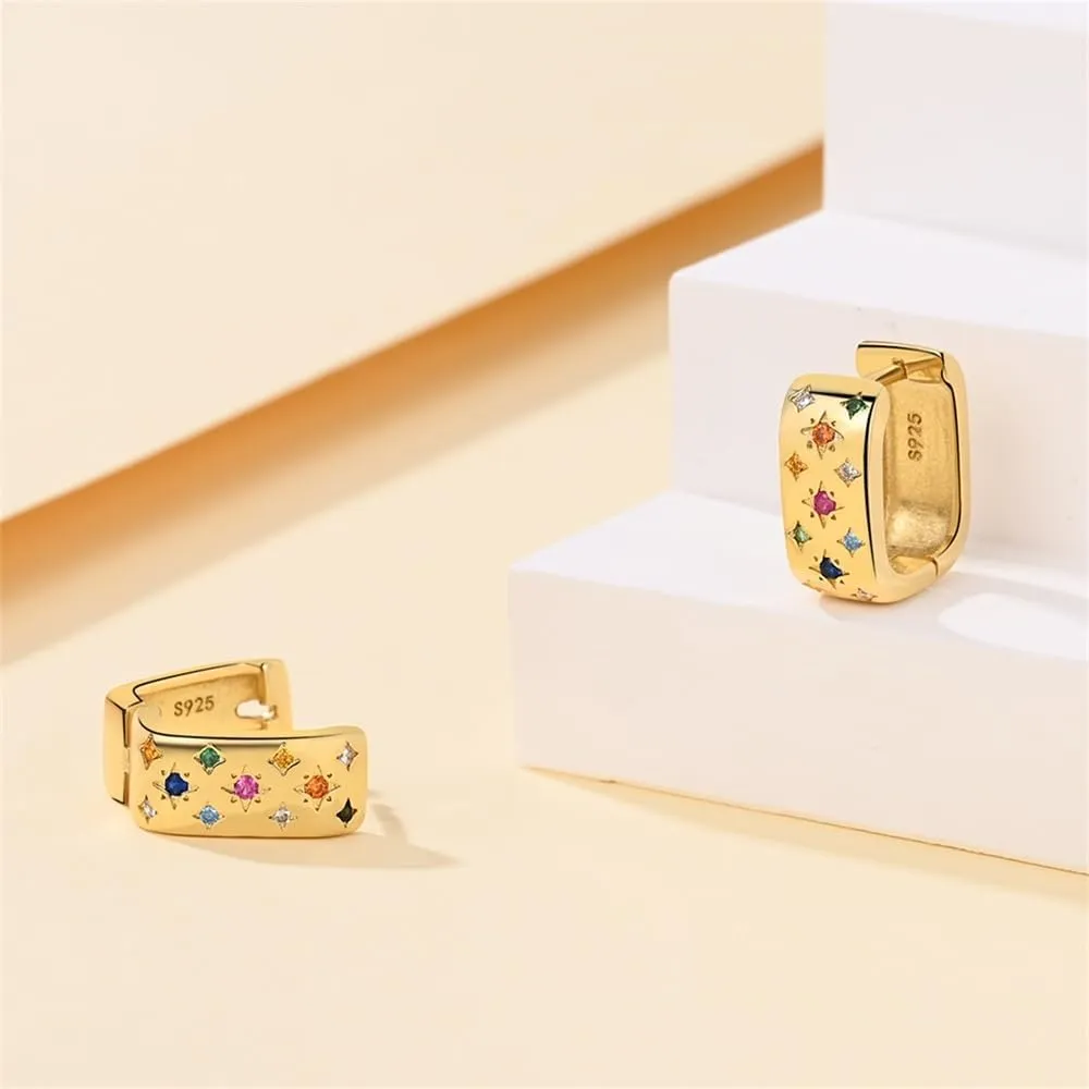 925 Sterling Silver Gold Square Huggie Earrings for Women 5A Cubic Zirconia Chunky Silver Hoops Minimalist Geometric Silver Hoop Earring for Women Trendy Jewelry Gift