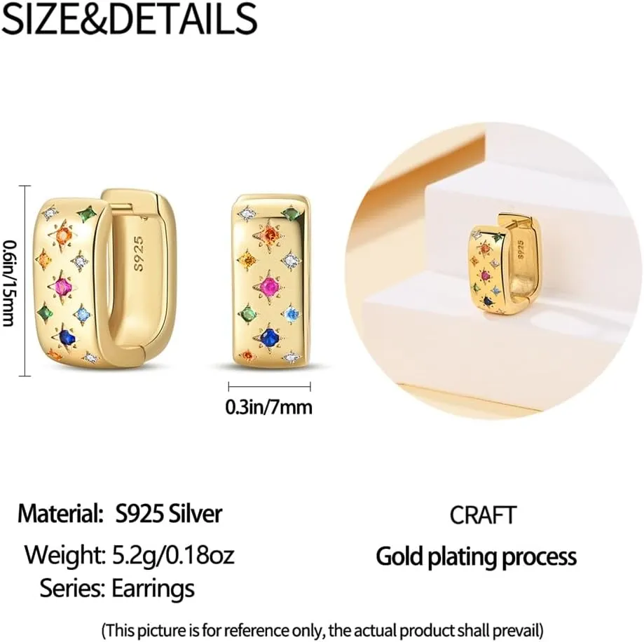 925 Sterling Silver Gold Square Huggie Earrings for Women 5A Cubic Zirconia Chunky Silver Hoops Minimalist Geometric Silver Hoop Earring for Women Trendy Jewelry Gift