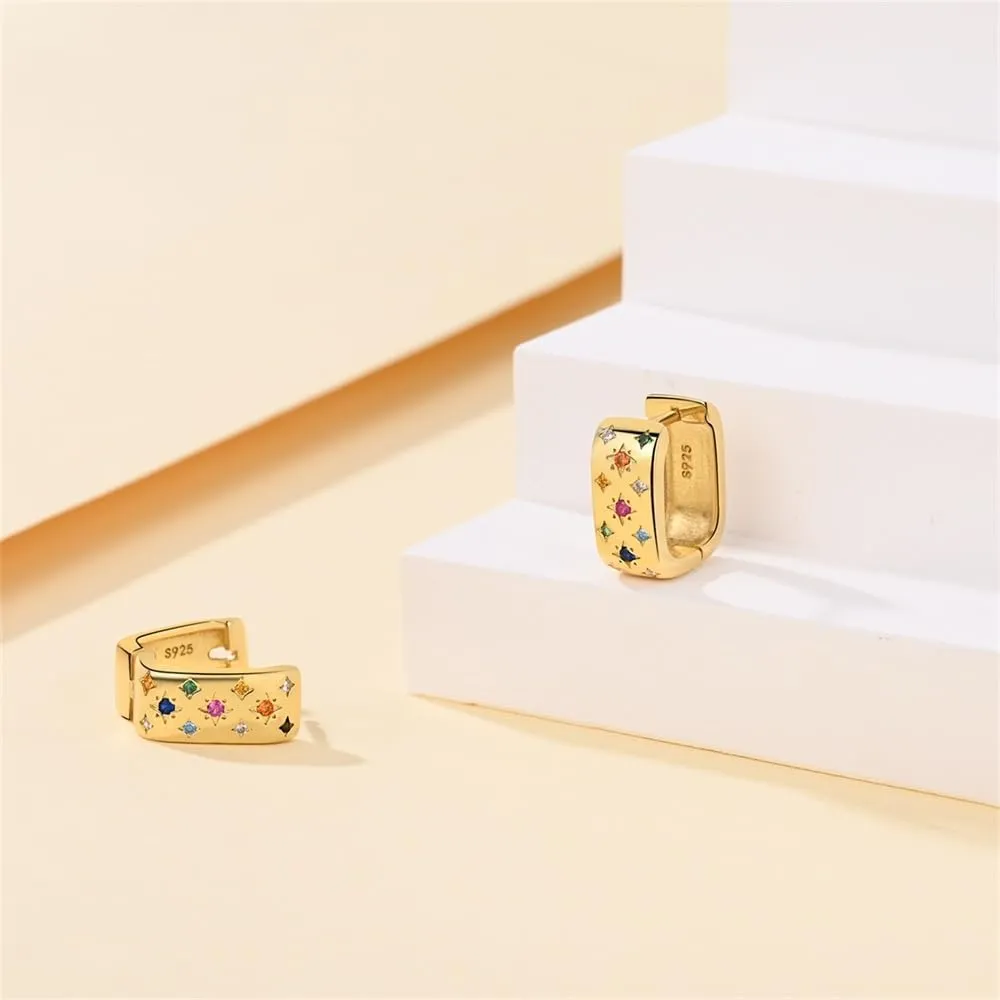 925 Sterling Silver Gold Square Huggie Earrings for Women 5A Cubic Zirconia Chunky Silver Hoops Minimalist Geometric Silver Hoop Earring for Women Trendy Jewelry Gift