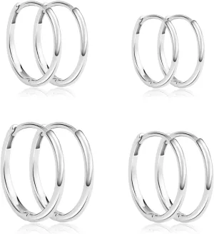 925 Sterling Silver Hoop Earrings for Women 14K White Gold Plated Small Cartilage Hoop Earrings Set Hypoallergenic Lightweight Huggie Earrings for Jewelry Gift,(Silver 6mm,8mm,10mm,12mm)