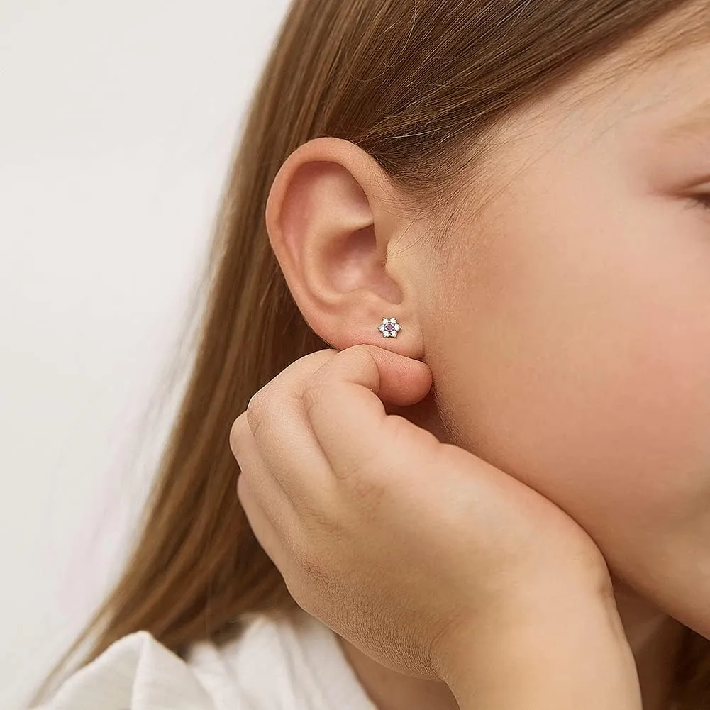 925 Sterling Silver Kids Earrings with 5mm Flower & Screw Backs for Young Girls - Dainty CZ Flower Screw Backs for Toddlers and Little Girls - Cubic Zirconia Floral Studs for Children