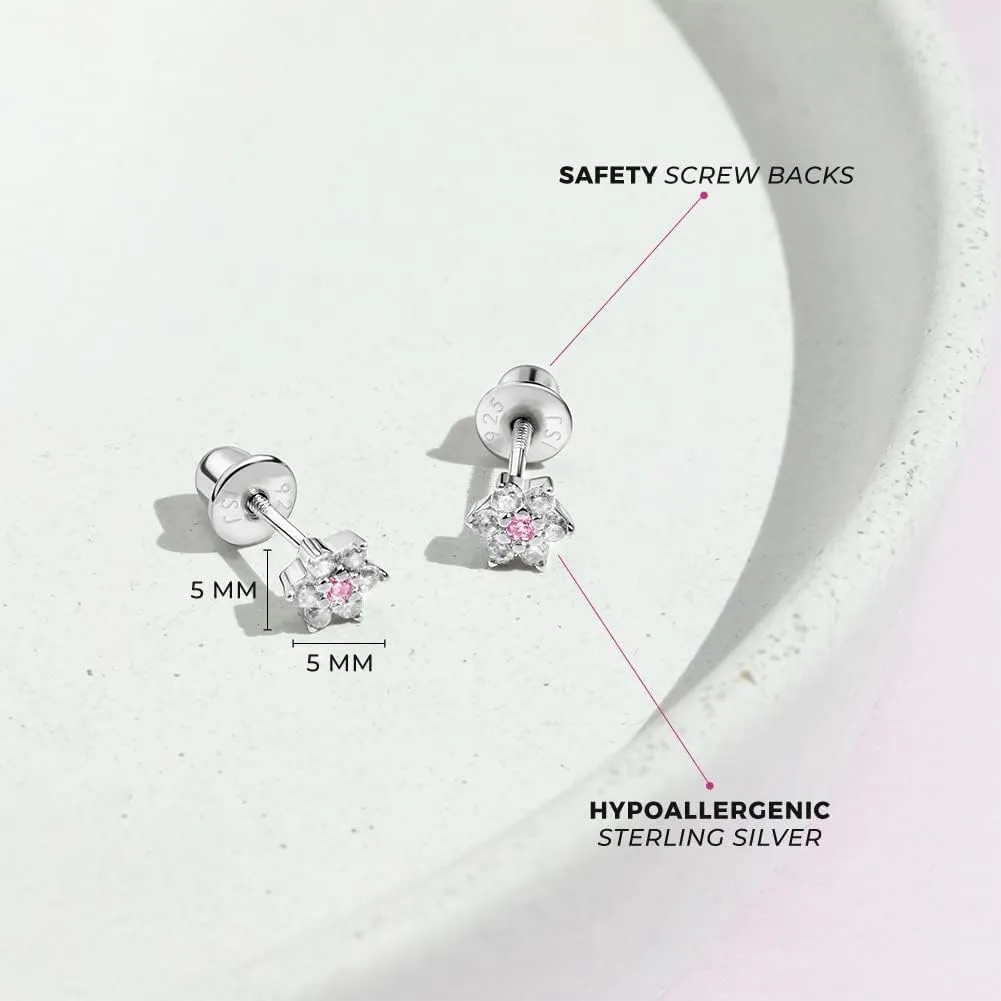 925 Sterling Silver Kids Earrings with 5mm Flower & Screw Backs for Young Girls - Dainty CZ Flower Screw Backs for Toddlers and Little Girls - Cubic Zirconia Floral Studs for Children