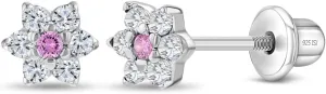 925 Sterling Silver Kids Earrings with 5mm Flower & Screw Backs for Young Girls - Dainty CZ Flower Screw Backs for Toddlers and Little Girls - Cubic Zirconia Floral Studs for Children