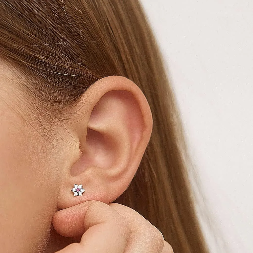 925 Sterling Silver Kids Earrings with 5mm Flower & Screw Backs for Young Girls - Dainty CZ Flower Screw Backs for Toddlers and Little Girls - Cubic Zirconia Floral Studs for Children