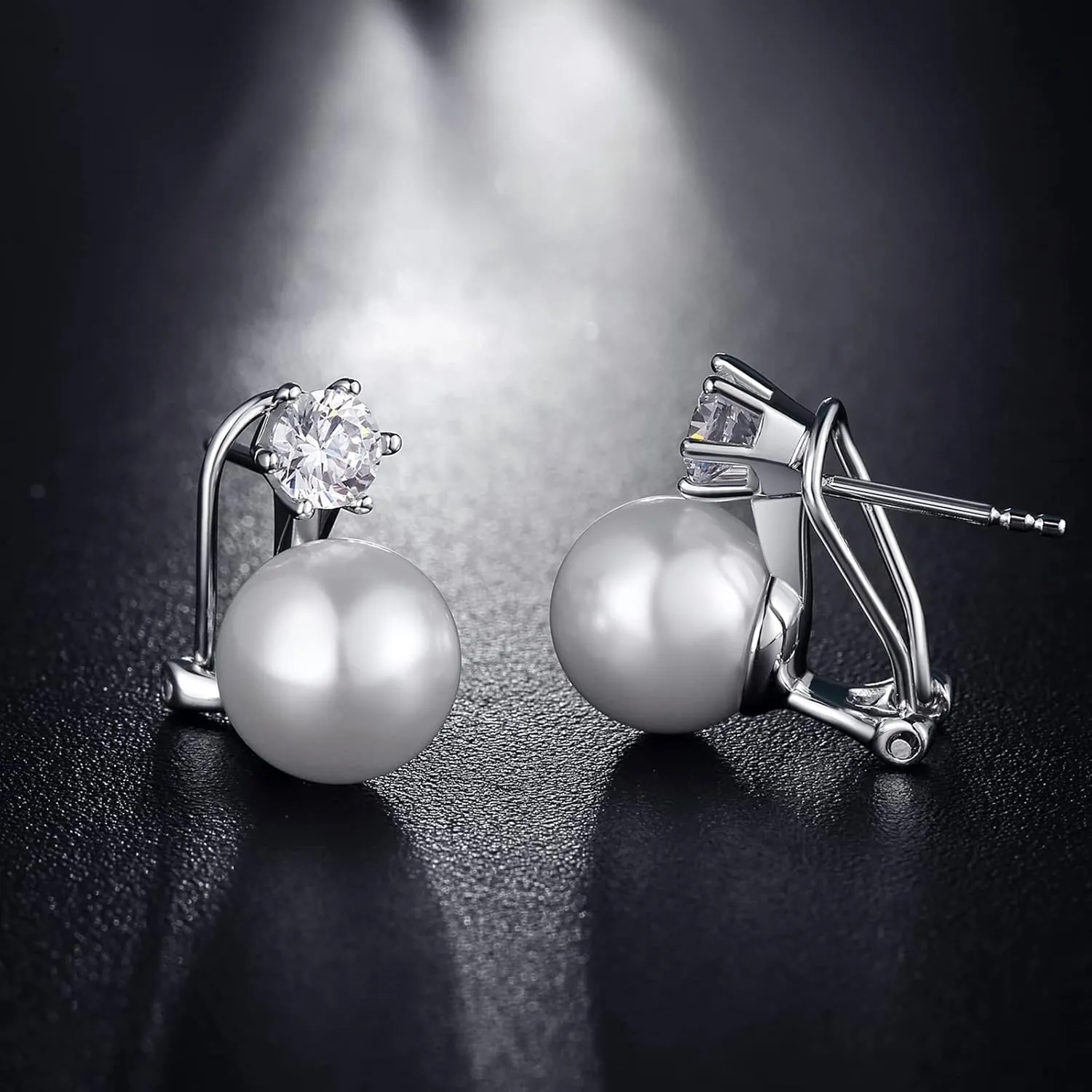 925 Sterling Silver Large Pearl Stud Earring, Cubic Zirconia CZ Diamond Pearl Earring for Women, 10MM-12MM Pearl Jewelry Gift for Women