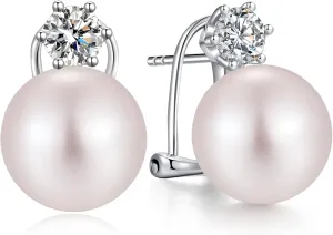 925 Sterling Silver Large Pearl Stud Earring, Cubic Zirconia CZ Diamond Pearl Earring for Women, 10MM-12MM Pearl Jewelry Gift for Women