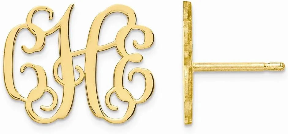 925 Sterling Silver Yellow Gold-Plated Large Laser Monogram Post Studs Earrings - 15mm x 19mm