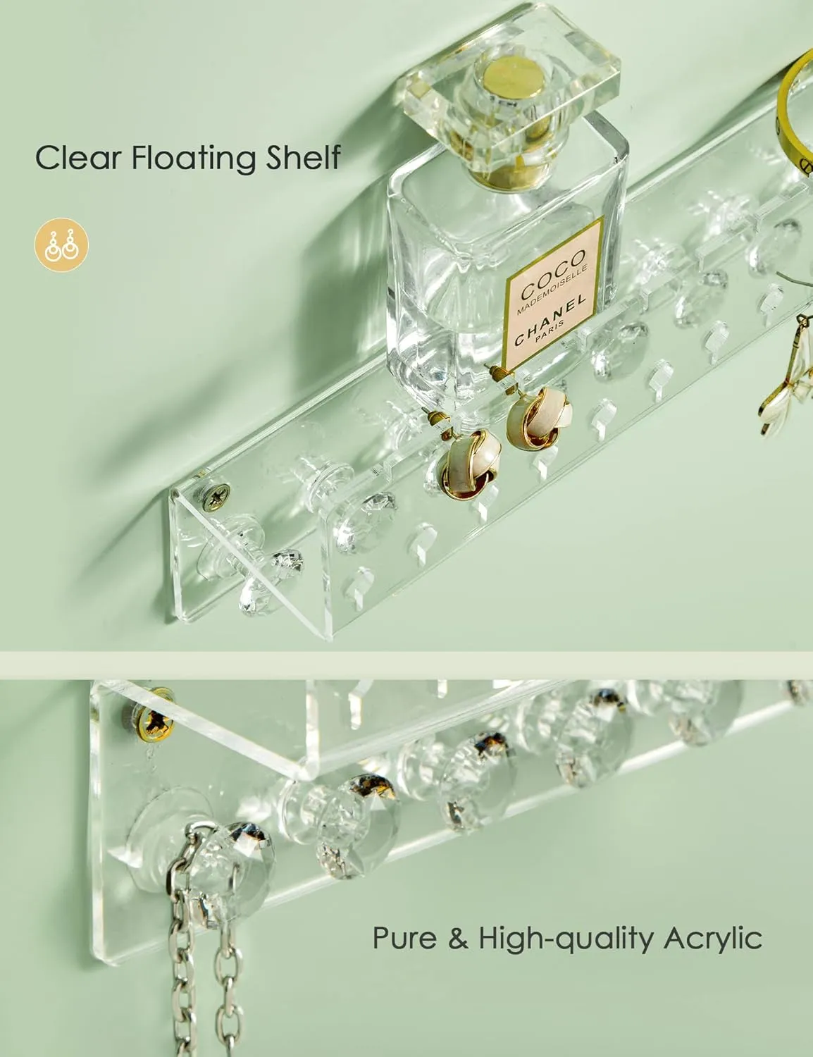 Acrylic Hanging Jewelry Organizer Wall Mounted Jewelry Holder with Floating Shelf, Necklace Holder Organizer, Stud Earring Organizer and Ring Holder for Women Girls (2 Pack)