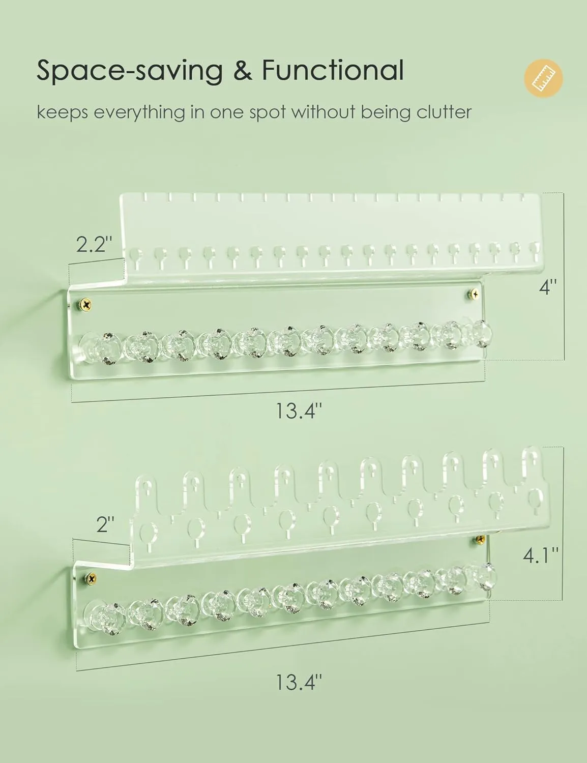 Acrylic Hanging Jewelry Organizer Wall Mounted Jewelry Holder with Floating Shelf, Necklace Holder Organizer, Stud Earring Organizer and Ring Holder for Women Girls (2 Pack)