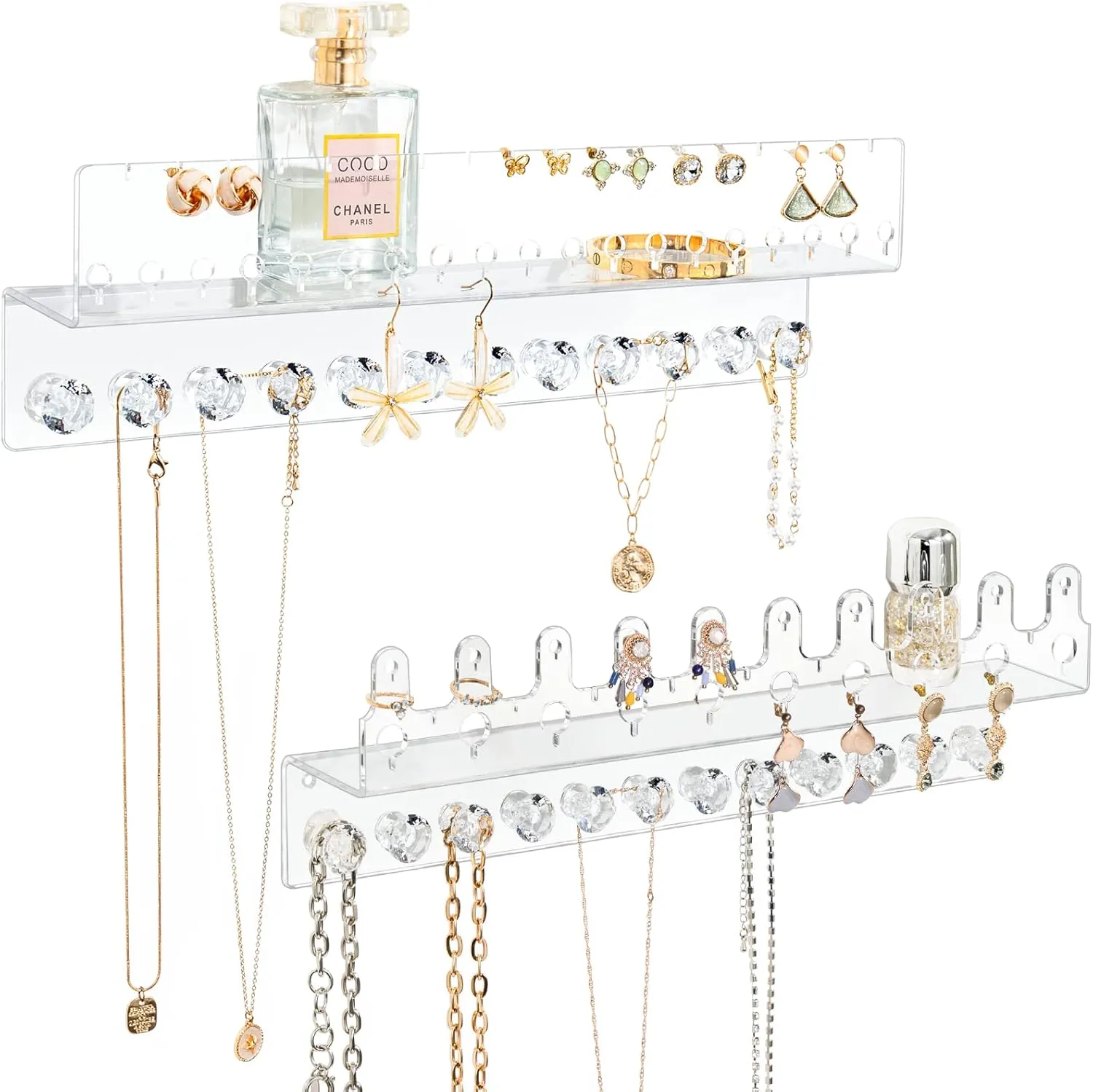 Acrylic Hanging Jewelry Organizer Wall Mounted Jewelry Holder with Floating Shelf, Necklace Holder Organizer, Stud Earring Organizer and Ring Holder for Women Girls (2 Pack)