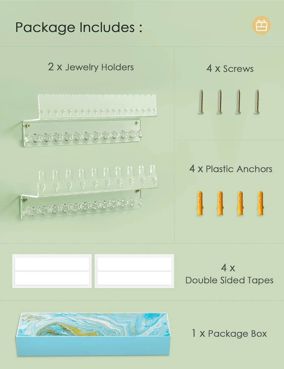 Acrylic Hanging Jewelry Organizer Wall Mounted Jewelry Holder with Floating Shelf, Necklace Holder Organizer, Stud Earring Organizer and Ring Holder for Women Girls (2 Pack)