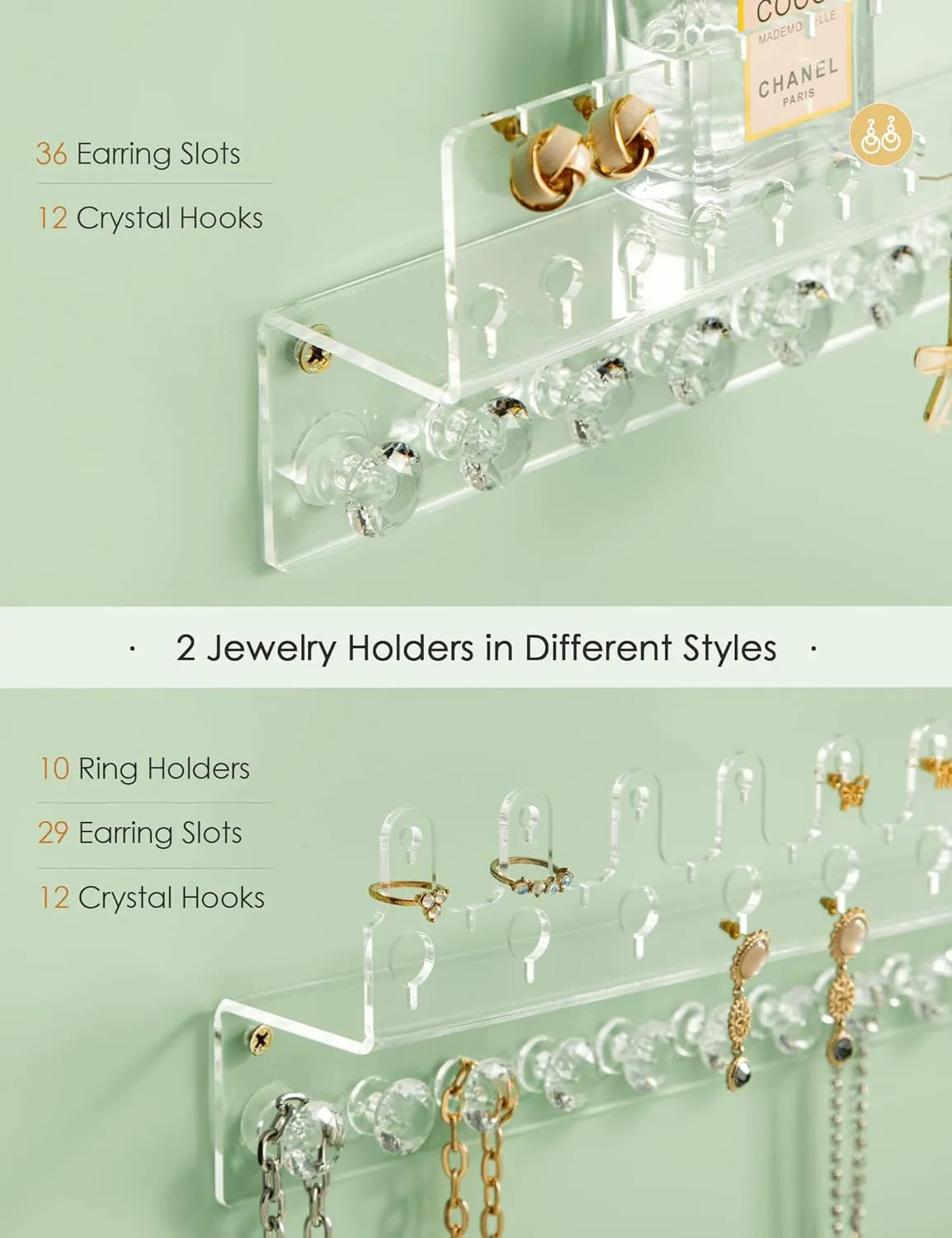 Acrylic Hanging Jewelry Organizer Wall Mounted Jewelry Holder with Floating Shelf, Necklace Holder Organizer, Stud Earring Organizer and Ring Holder for Women Girls (2 Pack)
