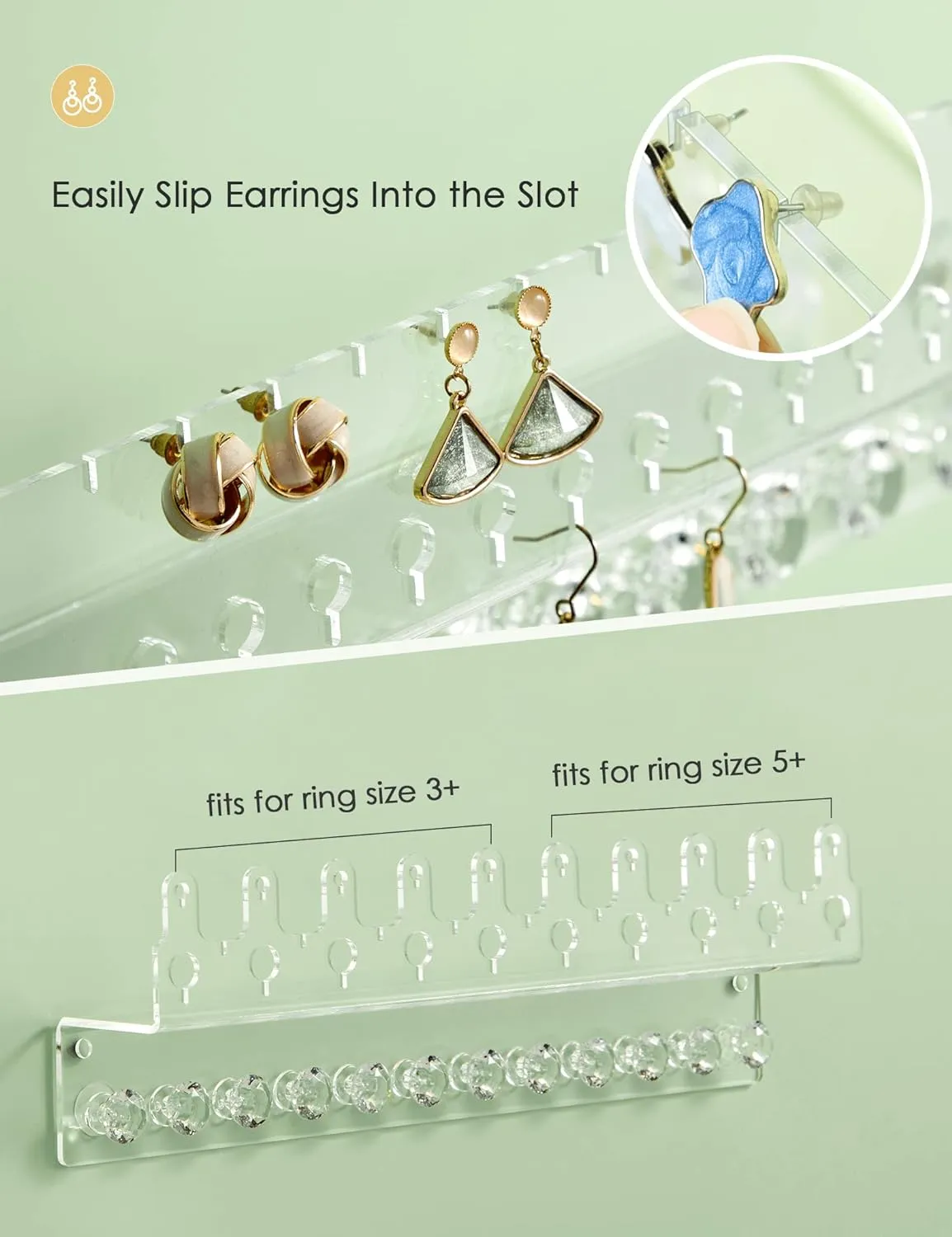 Acrylic Hanging Jewelry Organizer Wall Mounted Jewelry Holder with Floating Shelf, Necklace Holder Organizer, Stud Earring Organizer and Ring Holder for Women Girls (2 Pack)