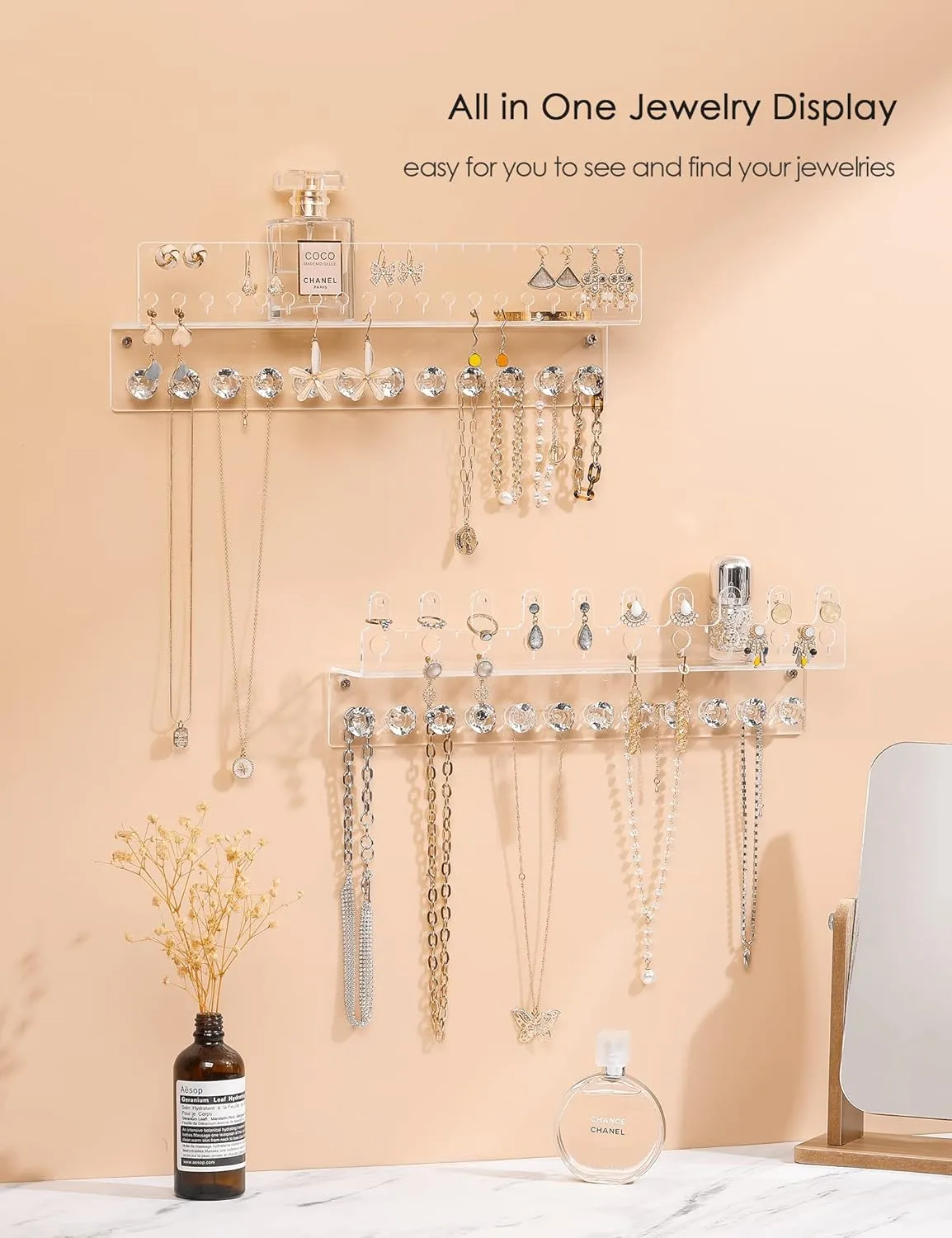 Acrylic Hanging Jewelry Organizer Wall Mounted Jewelry Holder with Floating Shelf, Necklace Holder Organizer, Stud Earring Organizer and Ring Holder for Women Girls (2 Pack)
