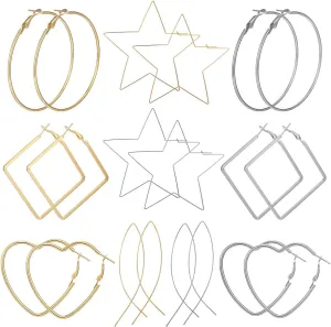 AIDSOTOU 10 Pairs Big Hoop Earrings Set for Women Gold Plated Rose Gold Plated Silver Stainless Steel Hoop Earrings Fashion Large Earrings for Sensitive Ears