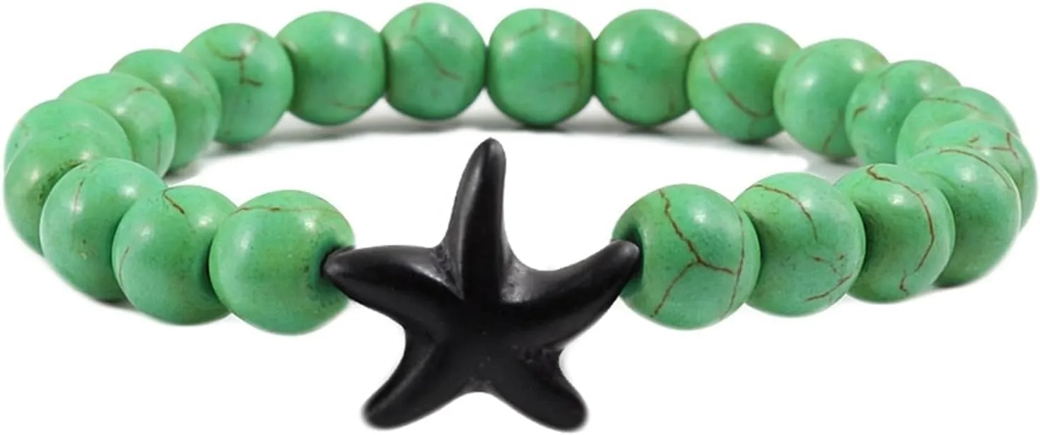 Aienid 8mm Bead Bracelets for Women Pearl Crystal Bead Bracelet Nature Stones Starfish White Round Woven Stretchy 17cm x 7mm 1PCS for New Year