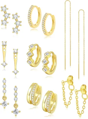 Akeoqi 8 Pairs 18K Gold Plated Small Hoop Earring CZ Cartilage Stud Earring for Women Long Chain Drop Dangle Stack Earrings for Multiple Piercings Gold Silver Tone