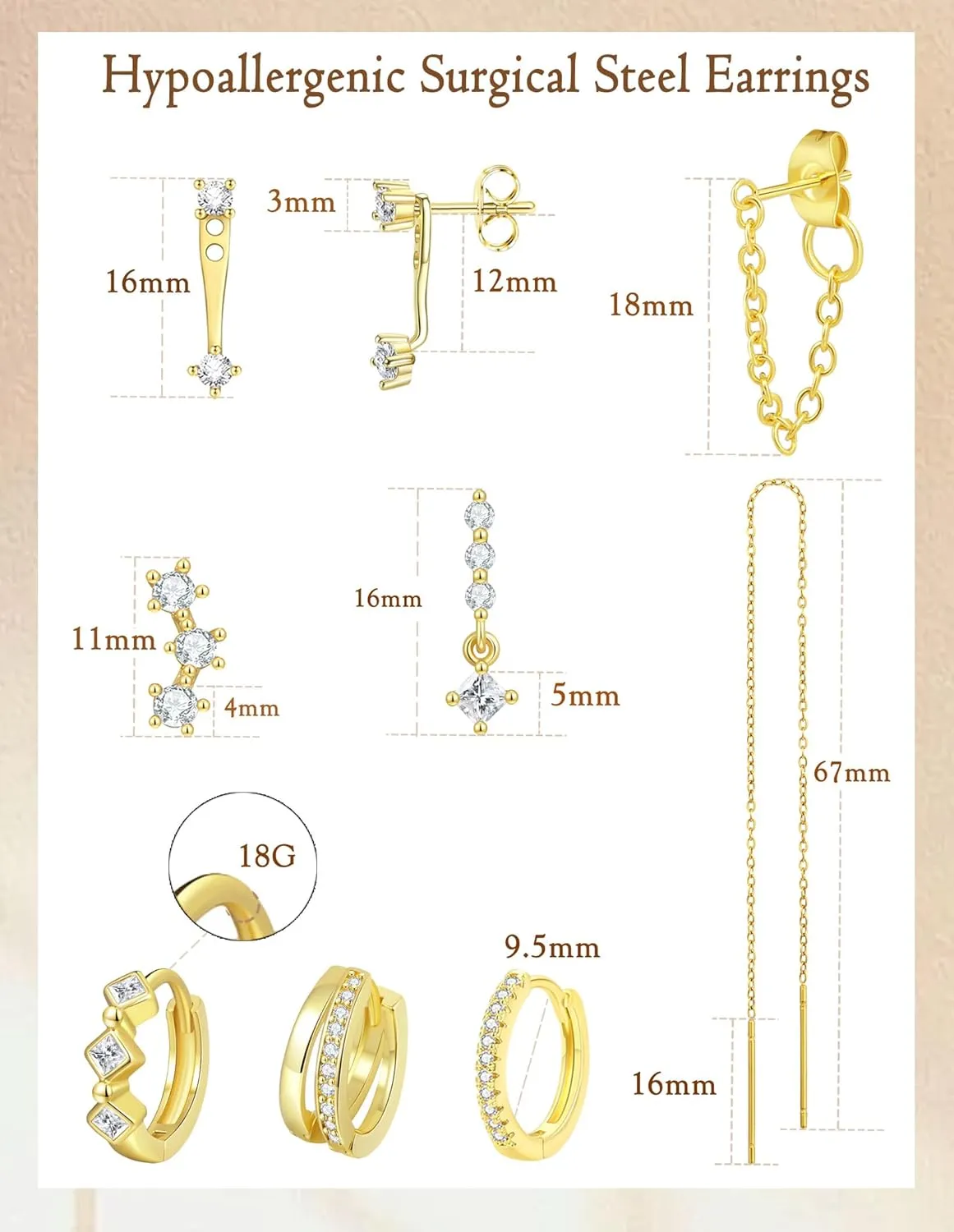 Akeoqi 8 Pairs 18K Gold Plated Small Hoop Earring CZ Cartilage Stud Earring for Women Long Chain Drop Dangle Stack Earrings for Multiple Piercings Gold Silver Tone