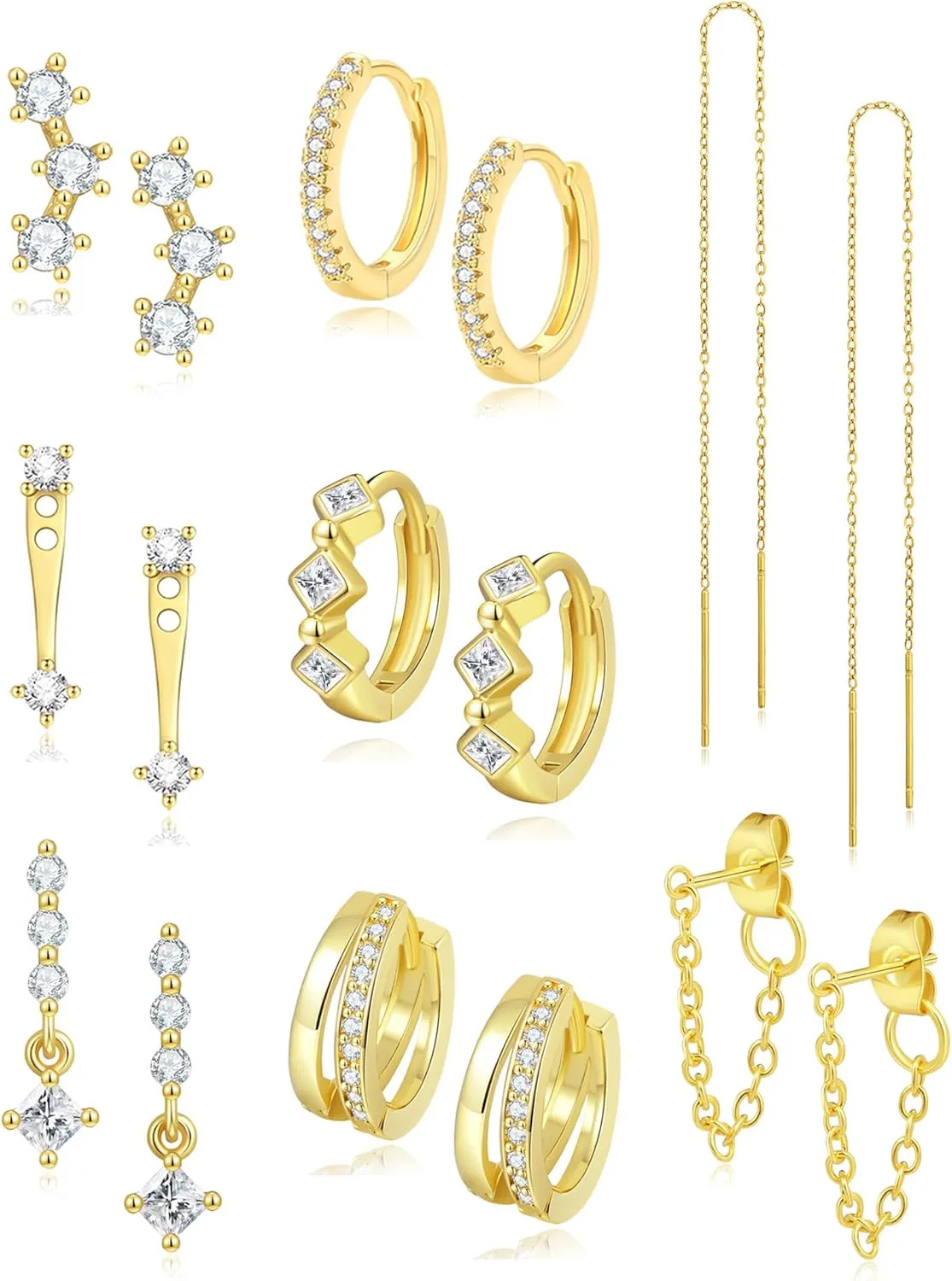 Akeoqi 8 Pairs 18K Gold Plated Small Hoop Earring CZ Cartilage Stud Earring for Women Long Chain Drop Dangle Stack Earrings for Multiple Piercings Gold Silver Tone