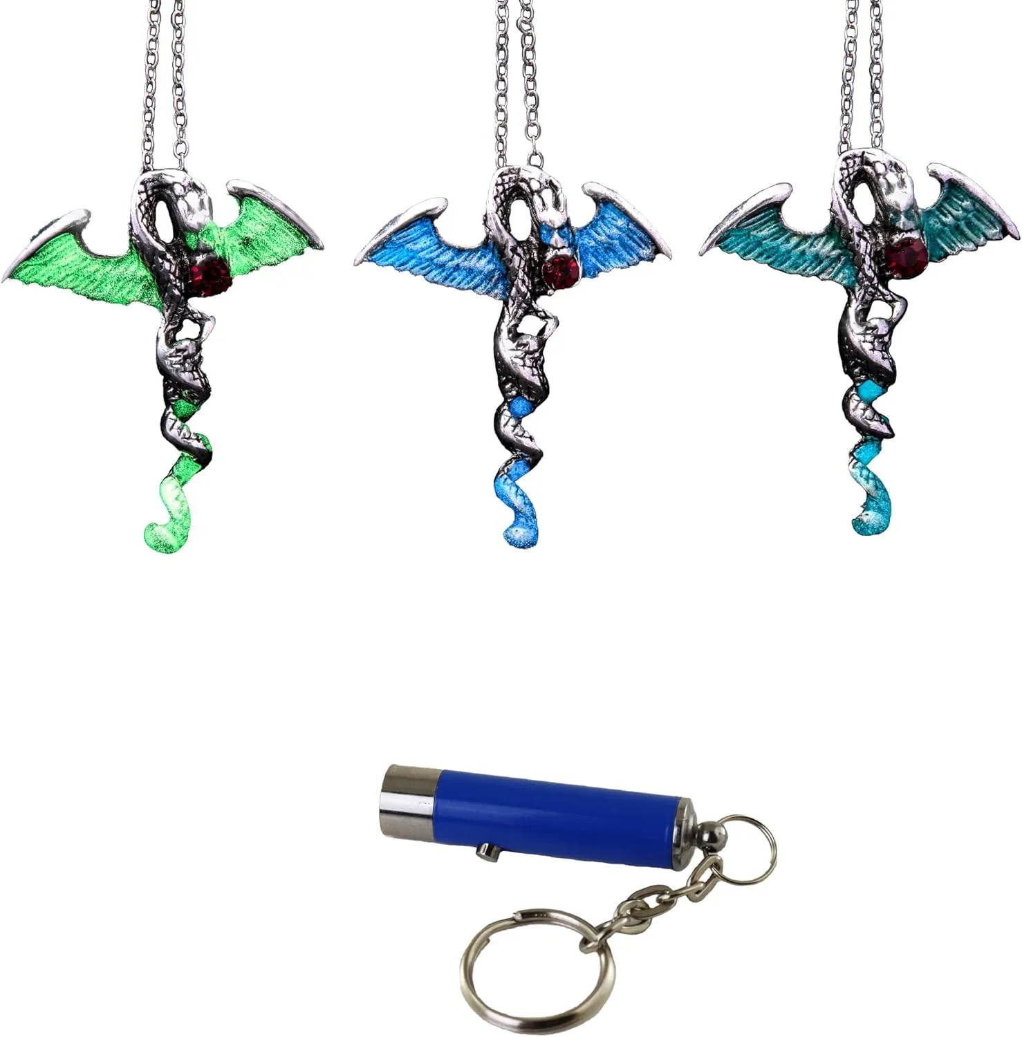 AlterImage Winged Dragon Glow in The Dark Necklaces 3 Pack Luminous Jewelry Green Blue & Sky Blue Includes UV Light