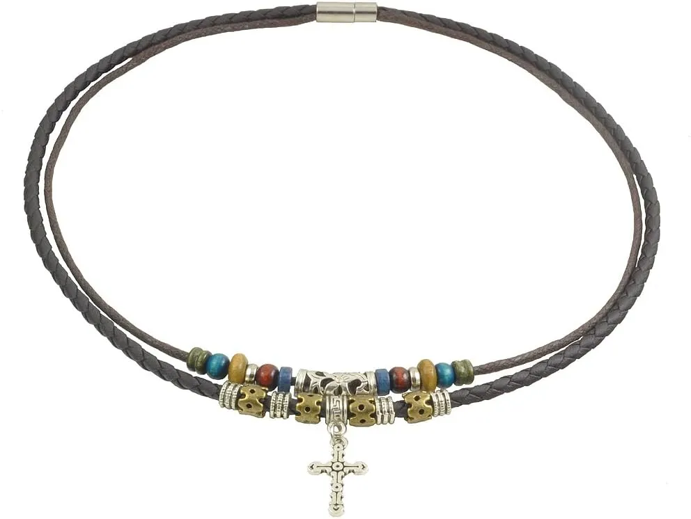 Ancient Tribe Hemp Leather Beads Choker Necklace,15.5 Inches,Brown,Cross Pendant