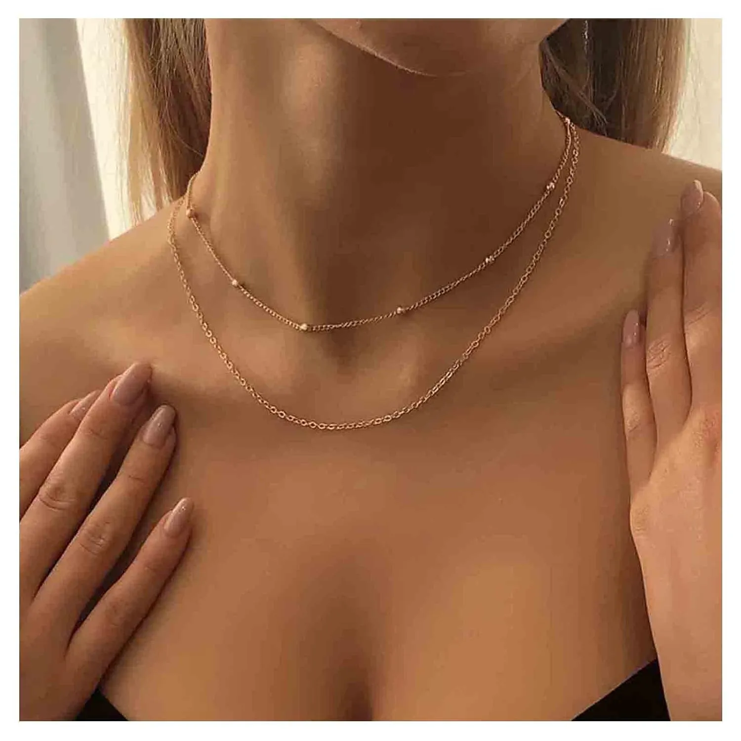 Andelaisi Boho Layered Satellite Chain Choker Necklace Gold Ball Bead Necklaces Chain Vintage Beaded Chain Necklace Layering Bead Necklace Chain Jewelry for Women