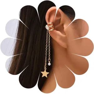 Andelaisi Boho Long Tassel Chain Drop Earrings Vintage Crystal Ear Cuff Earring Gold Rhinestone Cartilage Cuff Long Tassel Earrings Long Star Chain Cuff Earrings Non Piercing Earrings for Women