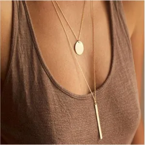 Andelaisi Boho Sequin Necklace Layered Metal Bar Pendant Necklace Vintage Long Necklaces Chain Coin Disc Necklace Jewelry for Women
