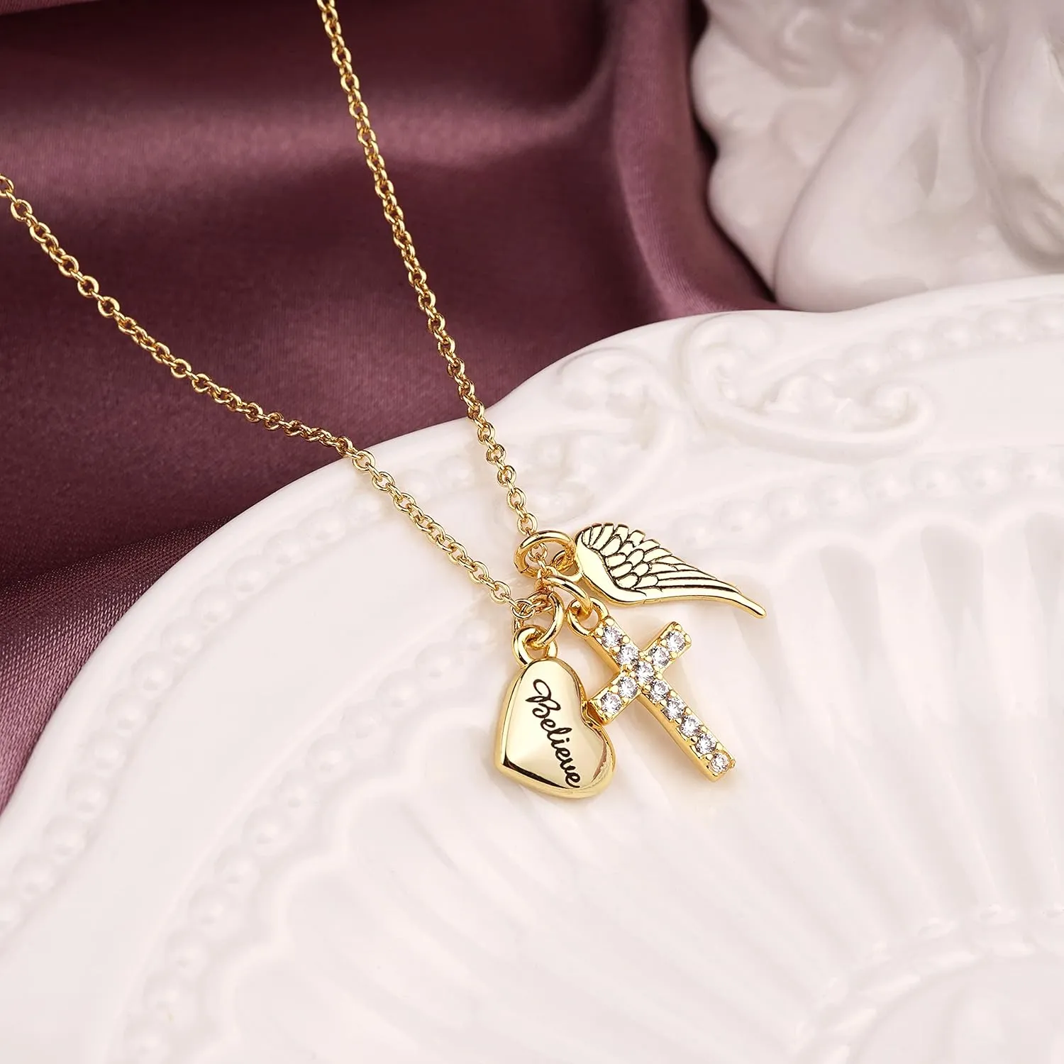 Angel Wing Necklace for Women Silver Gold Plated Cute Angel Wings Heart Cross Pendant Necklace Guardian Angel Necklaces for Women Girls Angel Jewelry Religious Gifts