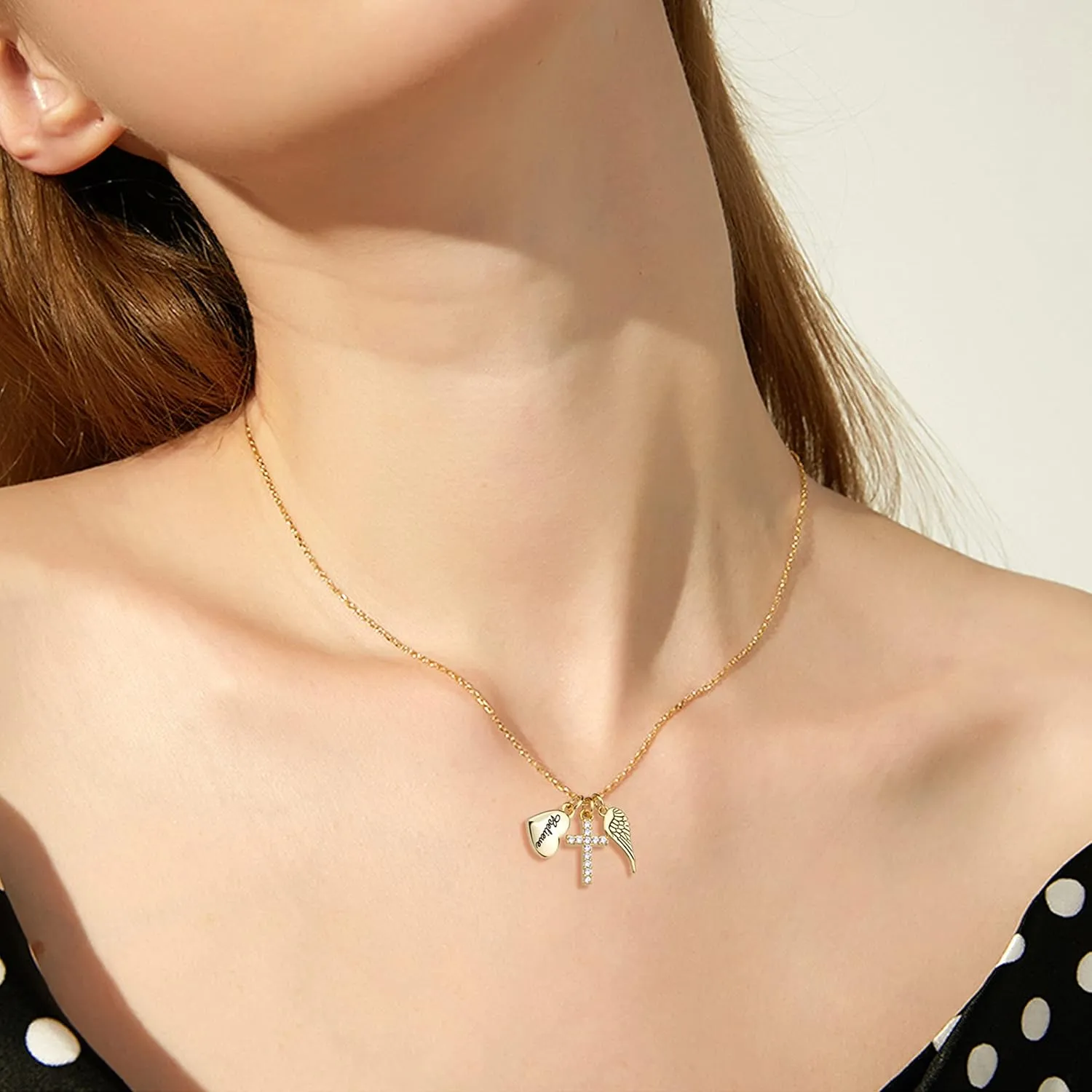 Angel Wing Necklace for Women Silver Gold Plated Cute Angel Wings Heart Cross Pendant Necklace Guardian Angel Necklaces for Women Girls Angel Jewelry Religious Gifts