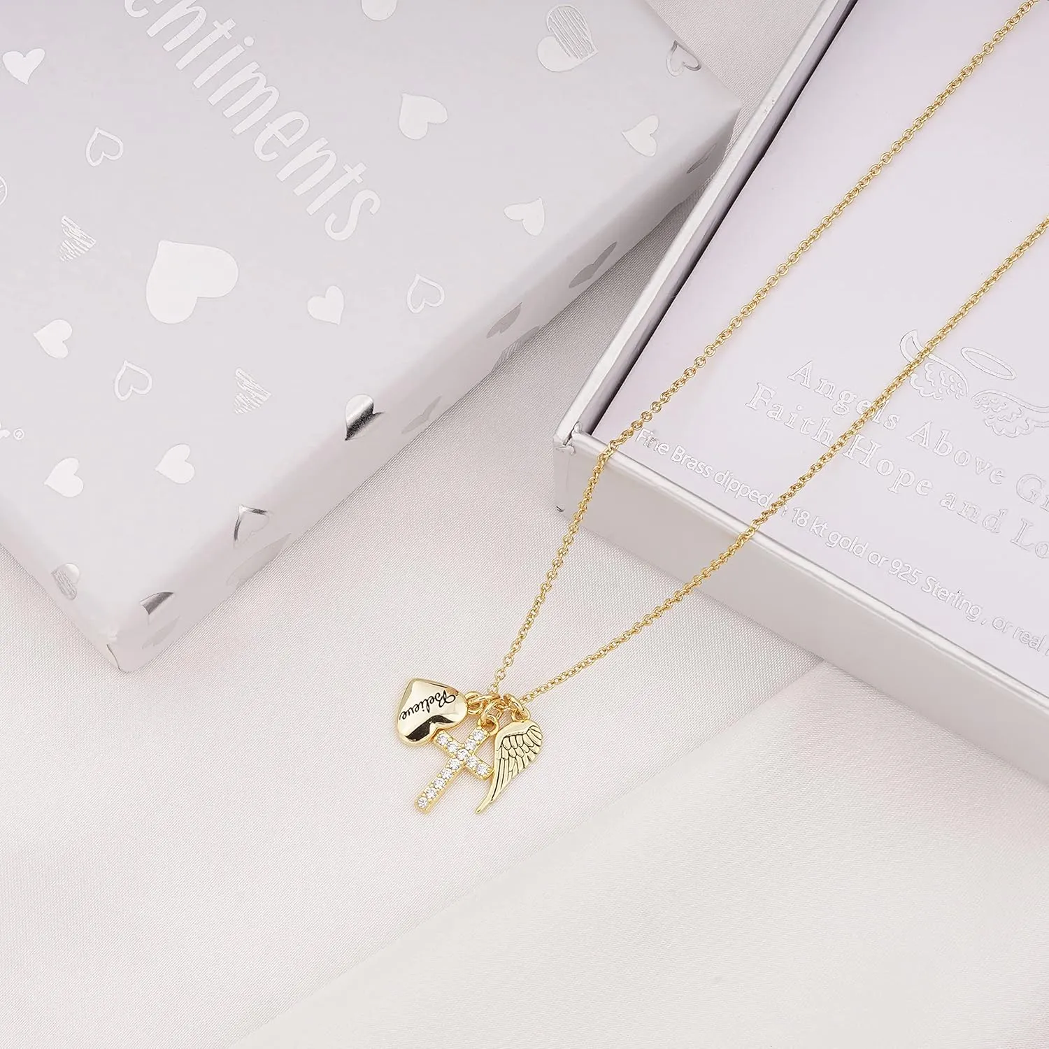 Angel Wing Necklace for Women Silver Gold Plated Cute Angel Wings Heart Cross Pendant Necklace Guardian Angel Necklaces for Women Girls Angel Jewelry Religious Gifts
