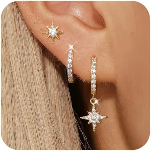 Angelady 14K Gold Plated Earring Sets for Women, Dainty Star Stud Earrings for Multiple Piercing, Trendy Hypoallergenic Huggie Hoop Earrings, Cartilage Dangle Earring Stacks Jewelry Gifts