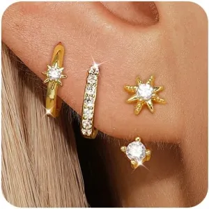 Angelady 3 Pairs Gold Hoop Earrings Set for Women, 14K Small Huggie Earring for Multiple Piercing Hypoallergenic Earring Stacks Trendy Jewelry, Dainty Sun Flower Stud Earrings for Women's Gifts