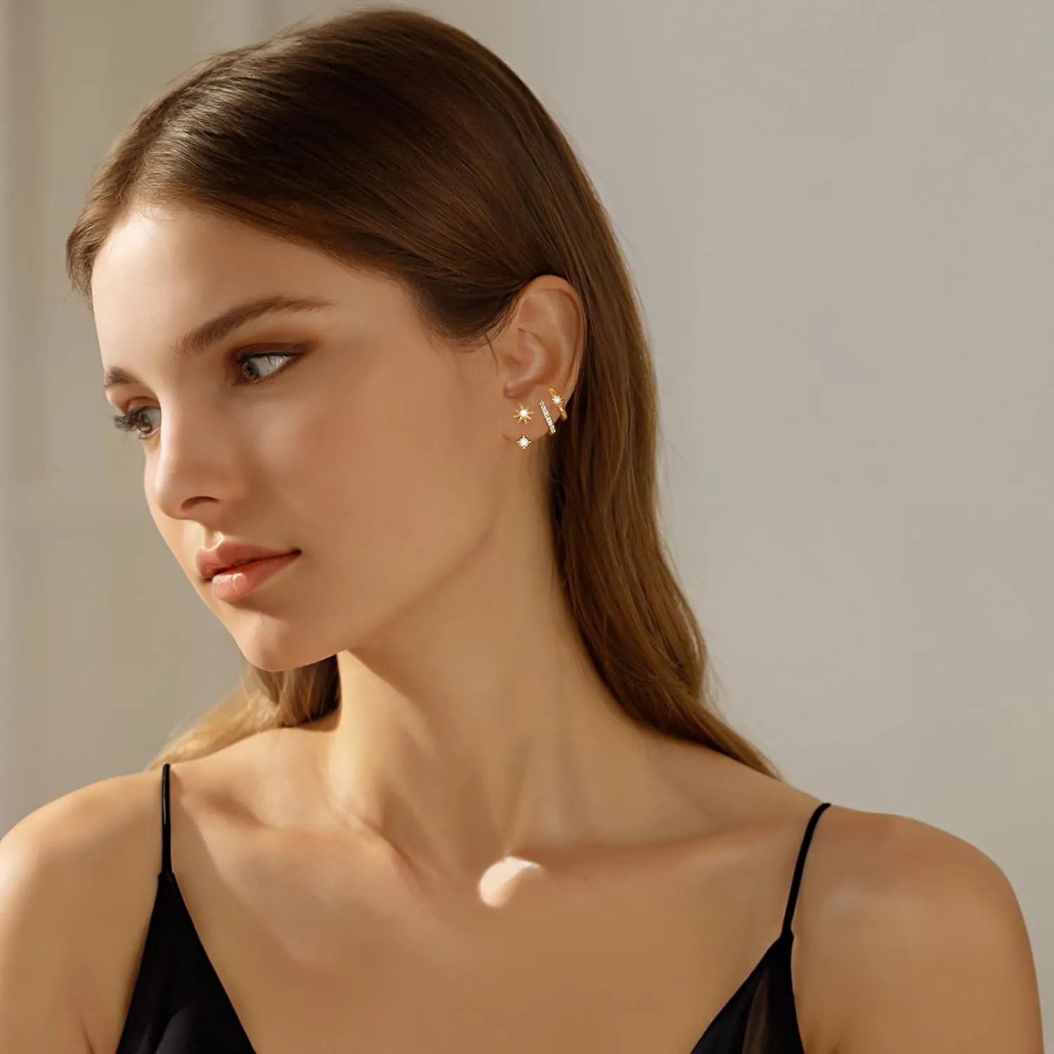 Angelady 3 Pairs Gold Hoop Earrings Set for Women, 14K Small Huggie Earring for Multiple Piercing Hypoallergenic Earring Stacks Trendy Jewelry, Dainty Sun Flower Stud Earrings for Women's Gifts