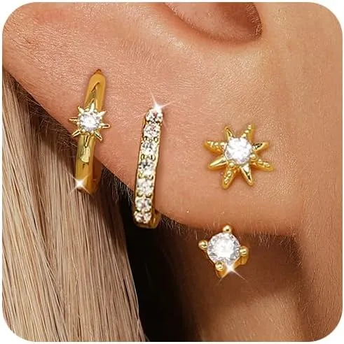 Angelady 3 Pairs Gold Hoop Earrings Set for Women, 14K Small Huggie Earring for Multiple Piercing Hypoallergenic Earring Stacks Trendy Jewelry, Dainty Sun Flower Stud Earrings for Women's Gifts