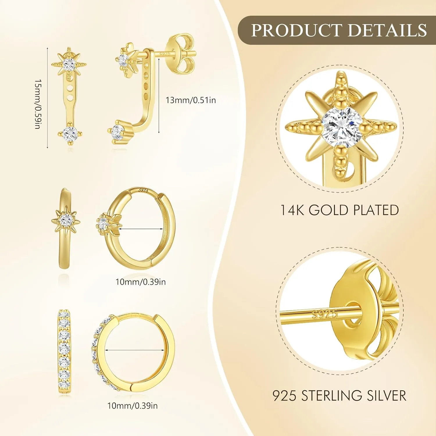 Angelady 3 Pairs Gold Hoop Earrings Set for Women, 14K Small Huggie Earring for Multiple Piercing Hypoallergenic Earring Stacks Trendy Jewelry, Dainty Sun Flower Stud Earrings for Women's Gifts