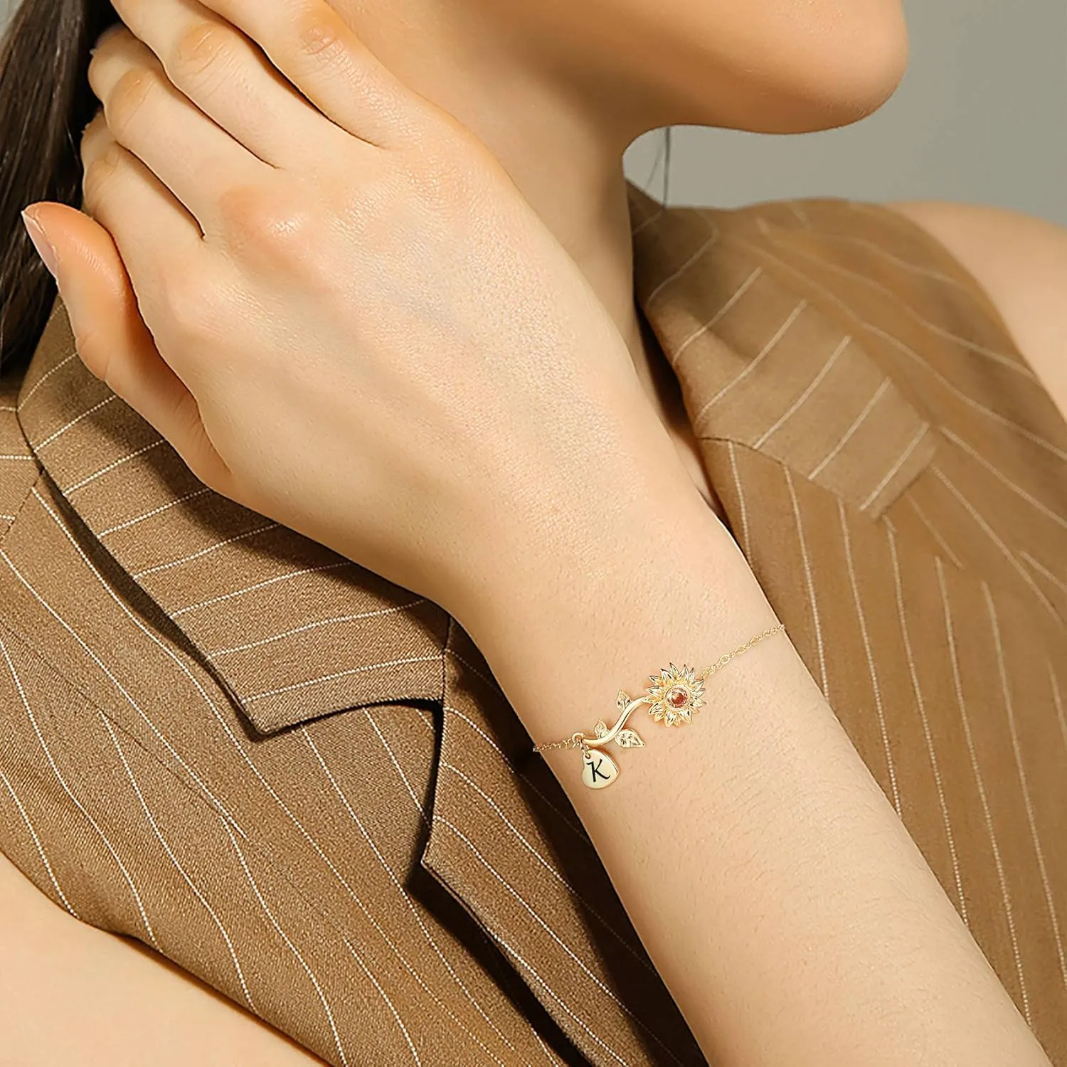Anoup Sunflower Gifts for Girls Women - Sunflower Initial Bracelets, 14K Gold Plated Bracelet | Delicate Sunflower Jewelry | Heart Initial Charm | Small Birthday Gifts for Girls Women