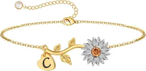 Anoup Sunflower Gifts for Girls Women - Sunflower Initial Bracelets, 14K Gold Plated Bracelet | Delicate Sunflower Jewelry | Heart Initial Charm | Small Birthday Gifts for Girls Women