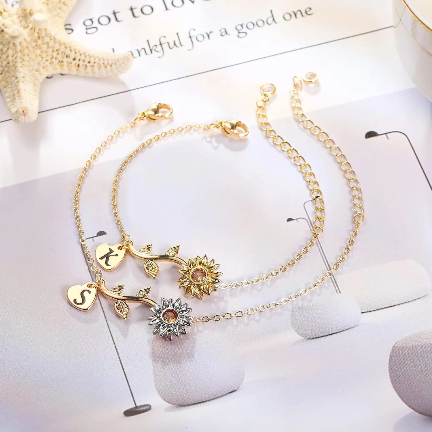 Anoup Sunflower Gifts for Girls Women - Sunflower Initial Bracelets, 14K Gold Plated Bracelet | Delicate Sunflower Jewelry | Heart Initial Charm | Small Birthday Gifts for Girls Women