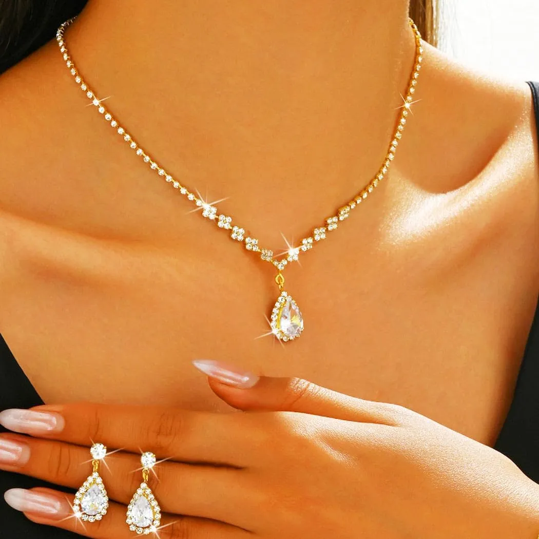 Aukmla Bride Wedding Necklace Earrings Set Silver Rhinestones Necklaces Bridal Crystal Jewelry Accessories for Women (Set of 3)