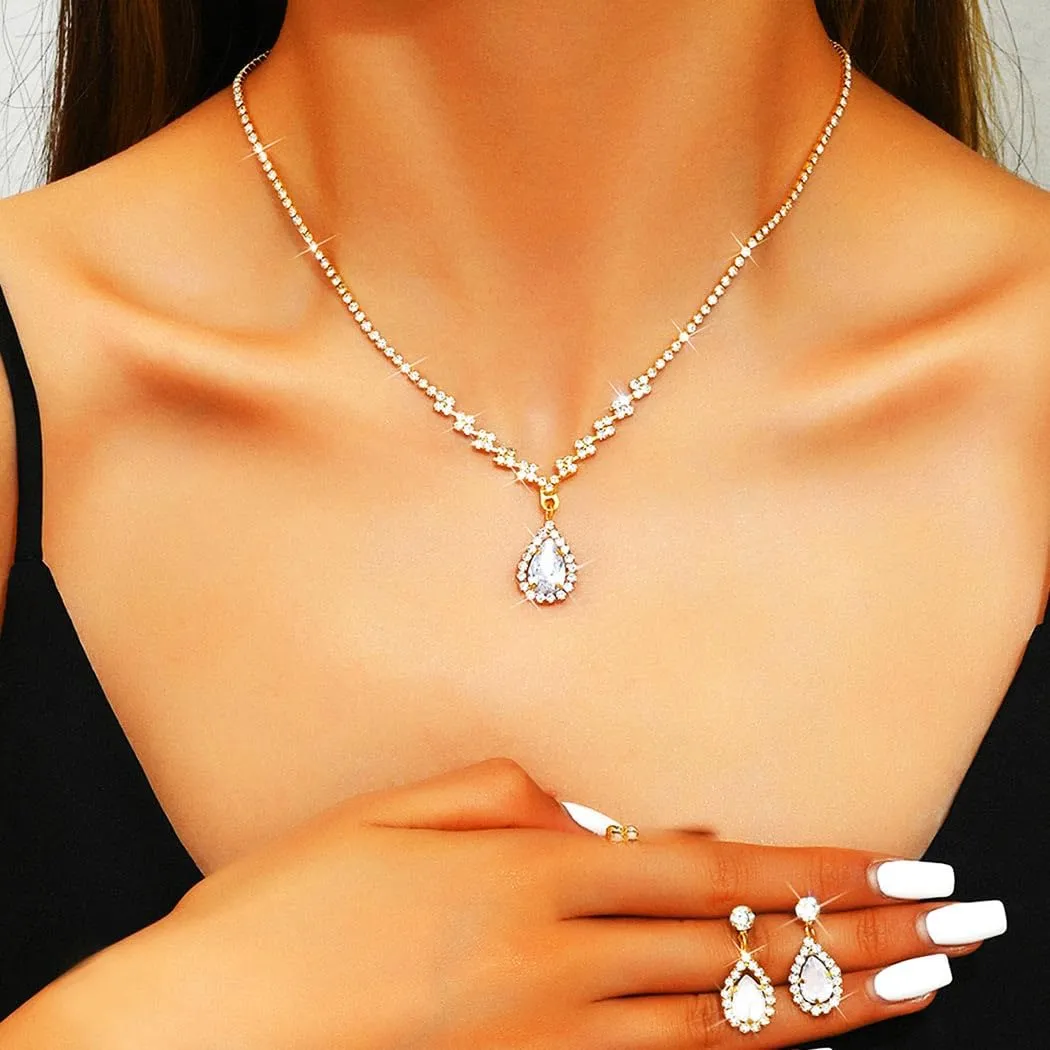 Aukmla Bride Wedding Necklace Earrings Set Silver Rhinestones Necklaces Bridal Crystal Jewelry Accessories for Women (Set of 3)